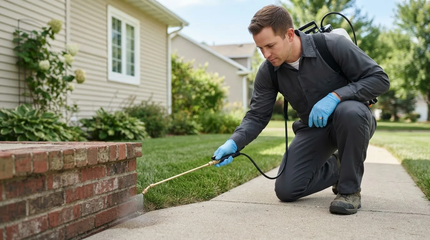 Pest control technician treating a home near Geddes, SD