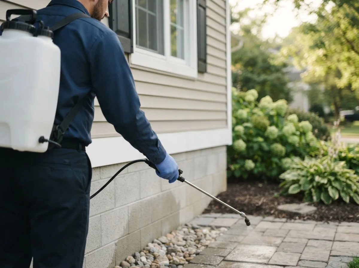 Pest control technician inspecting a home in Geddes, SD